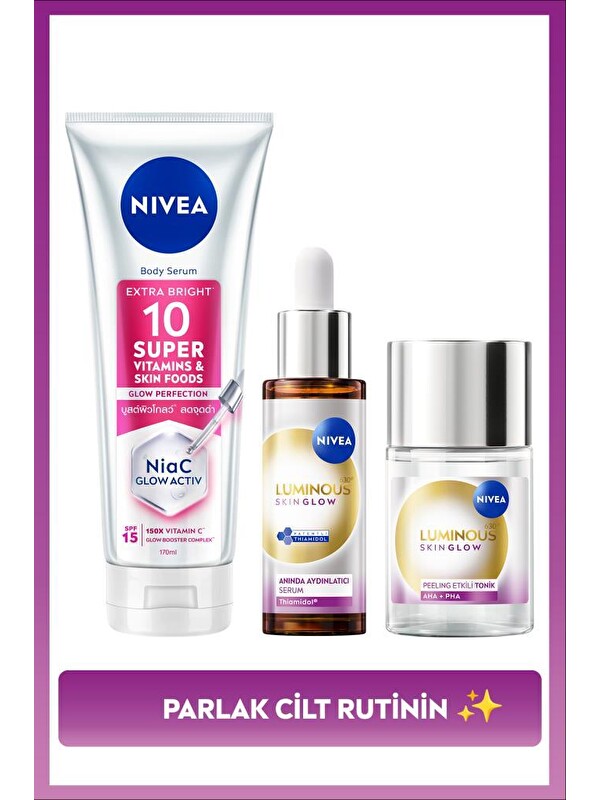 NIVEA Aydınlatıcı Cilt Rutin Bakım Seti,Super10 Vücut Losyonu 170ml,Luminous630 Skin Glow Serum,Tonik