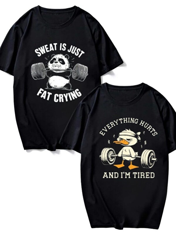Trendseninle 2Li Siyah Fat Crying+Hurts Baskı Comfort Tişört