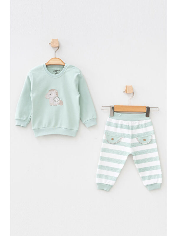 AZİZ BEBE Erkek Bebek At Nakışlı Sweatshirt Pantolon 2 'li Alt Üst Bebek Takımı 3 Ay - 36 Ay