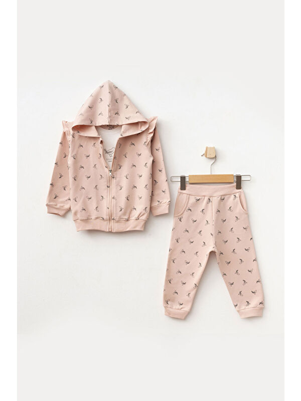 AZİZ BEBE Kız Bebek Kuş Desenli Sweatshirt Pantolon T-shirt 3'lü Alt Üst Bebek Takımı 3 Ay-36 Ay