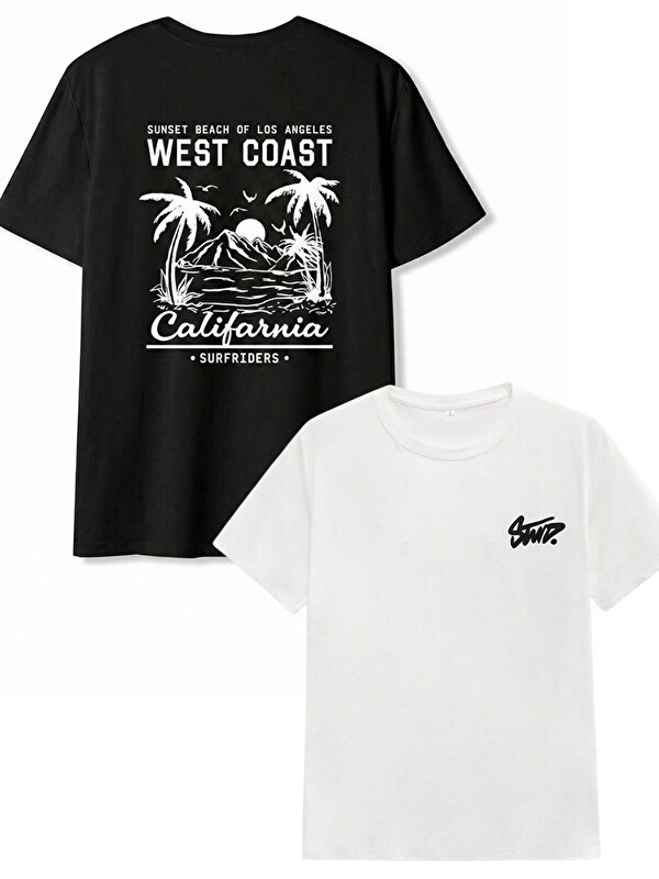 Trendseninle 2Li Siyah WestCoast+Beyaz Stw Baskı Comfort Tişört