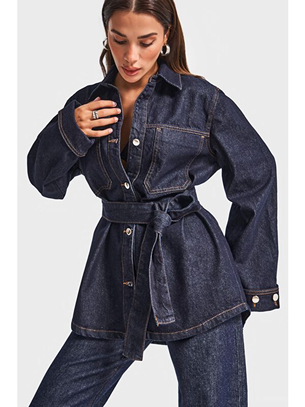 It's Basic Kadın İndigo Renk 7w5-50 Kemer Detaylı %100 Pamuk Denim Trençkot
