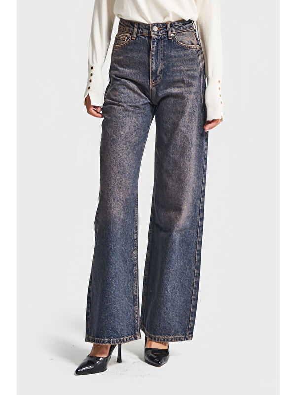 It's Basic Kadın Koyu Tint Renk Olea 2w5-10 Wide Leg Fit Yüksek Bel İç Boy 77cm %100 Pamuk Denim Jean