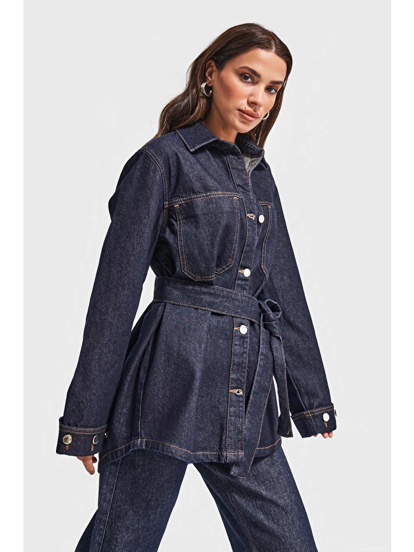 It's Basic Kadın İndigo Renk 7w5-50 Kemer Detaylı %100 Pamuk Denim Trençkot