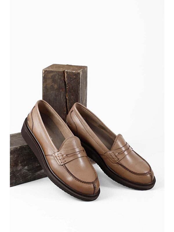 VİZON Hakiki Deri Yuvarlak Burun Dolgu Taban Loafer Kadın Günlük Ayakkabı 24092 - Görsel 3