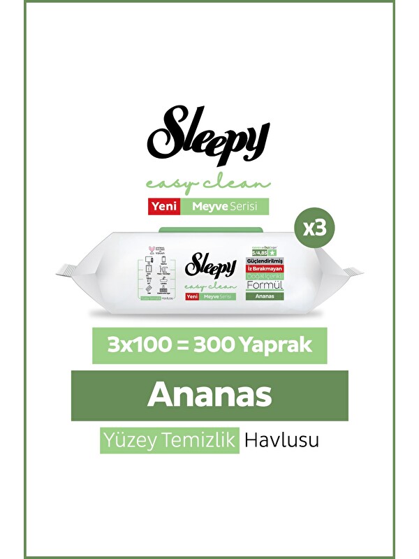 Sleepy Meyve Serisi Yüzey Temizlik Havlusu Mendili Ananas 3x100 (300 Yaprak)