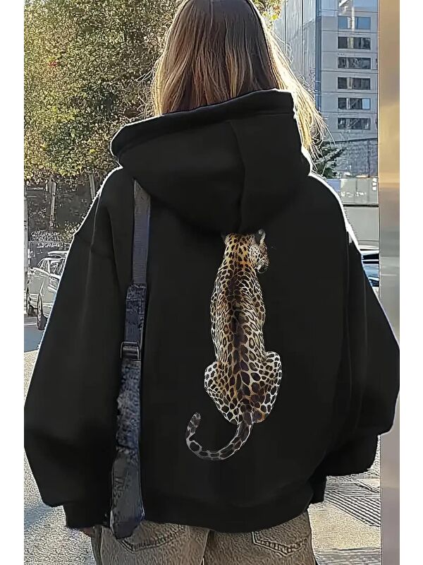 Oksit Leopar Sırt Baskılı İçi Pamuklu Unisex Sweatshirt