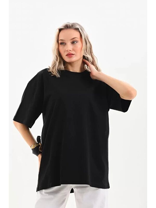 Jane's Unisex Bisiklet Yaka 20/1 Düz Oversize T-Shirt - Siyah
