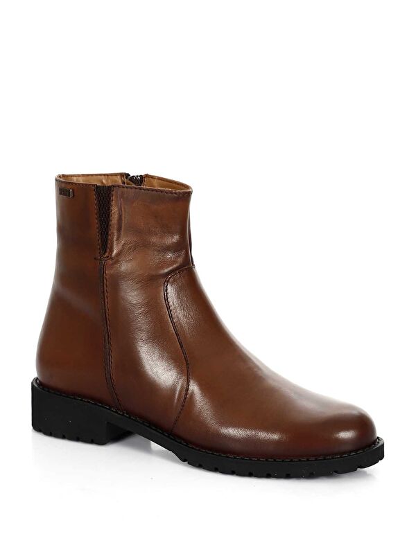 Gonderi(r) Kahverengi Gonderi(r) Hakiki Deri Yuvarlak Burun Topuklu Kauçuk Taban Fermuarlı Kadın Günlük Bot 47408