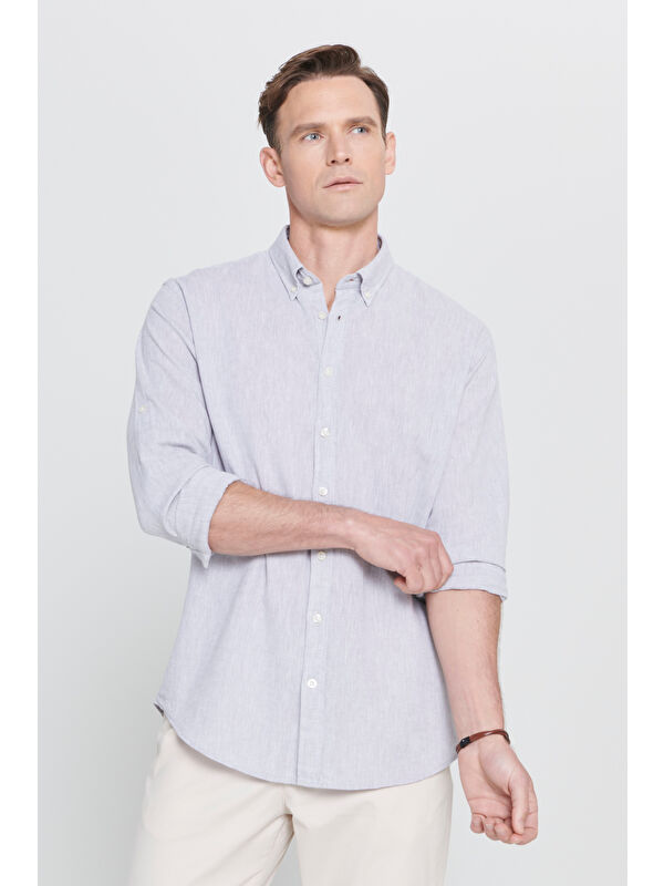 AC&Co / Altınyıldız Classics Erkek Gri Comfort Fit Rahat Kesim Düğmeli Yaka Casual Keten Gömlek