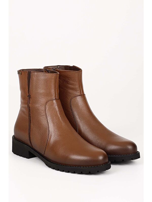 Taba Hakiki Deri Yuvarlak Burun Topuklu Kauçuk Taban Fermuarlı Kadın Günlük Bot 47408 - Görsel 3