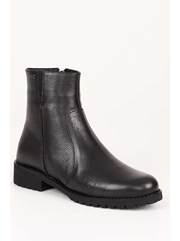 Siyah Hakiki Deri Yuvarlak Burun Topuklu Kauçuk Taban Fermuarlı Kadın Günlük Bot 47408 - Görsel 5