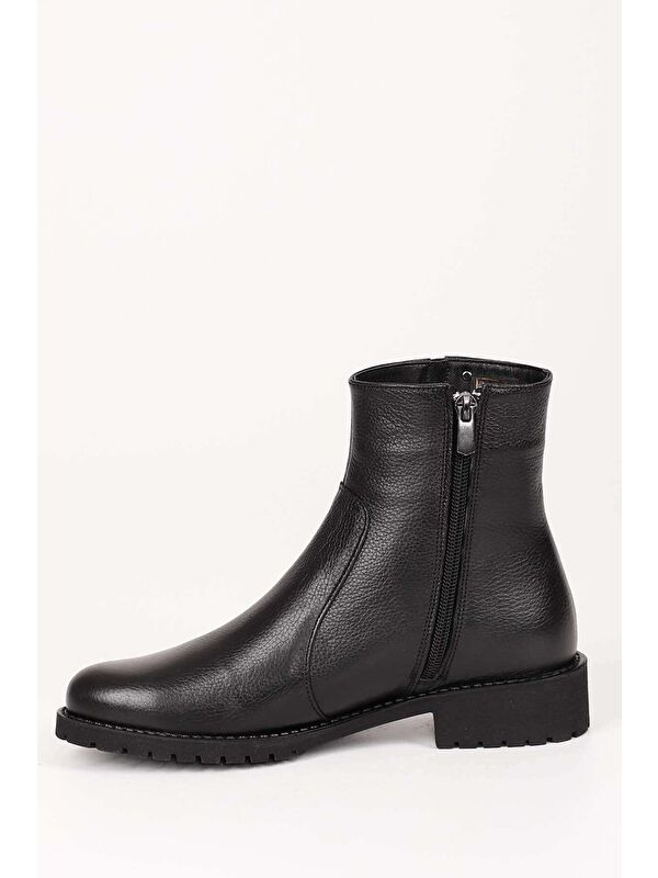 Siyah Hakiki Deri Yuvarlak Burun Topuklu Kauçuk Taban Fermuarlı Kadın Günlük Bot 47408 - Görsel 6