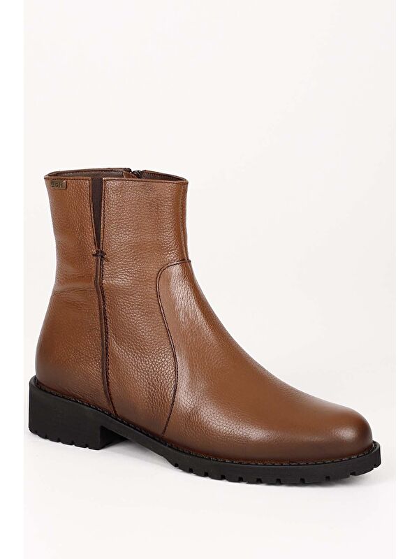 Taba Hakiki Deri Yuvarlak Burun Topuklu Kauçuk Taban Fermuarlı Kadın Günlük Bot 47408 - Görsel 6