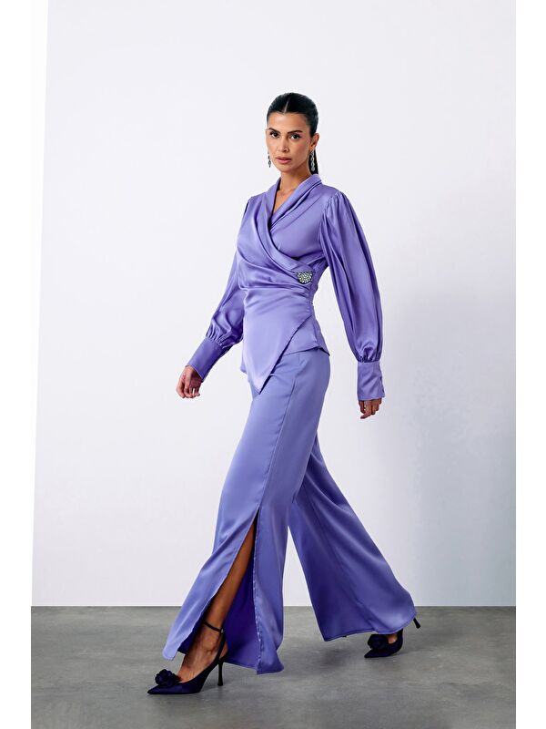 SATEEN Broşlu Kruvaze Bluz - Lila