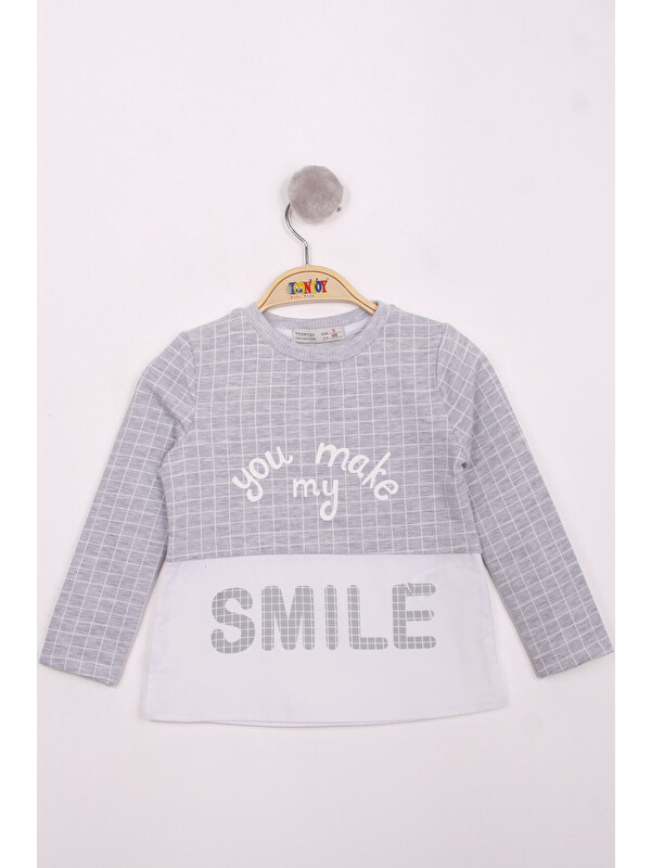 Toontoykids Kız Çocuk Kareli Kumaşlı Smile Baskılı T-Shirt