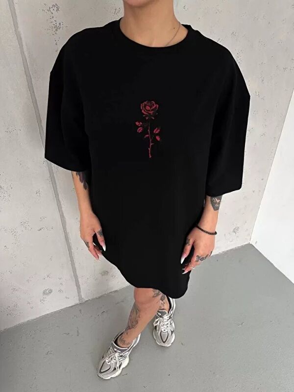 Jane's Unisex Bisiklet Yaka Baskılı Oversize T-Shirt - Siyah