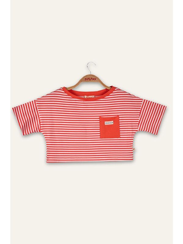 ZEYLAND Kız Çocuk Çizgili Çep Detaylı Crop T-Shirt - Coral Çizgili