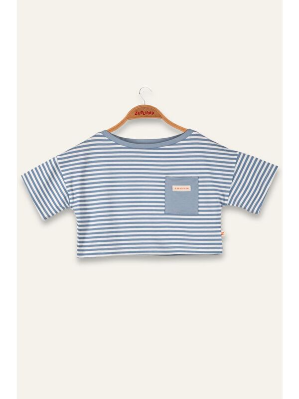 ZEYLAND Kız Çocuk Çizgili Çep Detaylı Crop T-Shirt - Mavi Çizgili