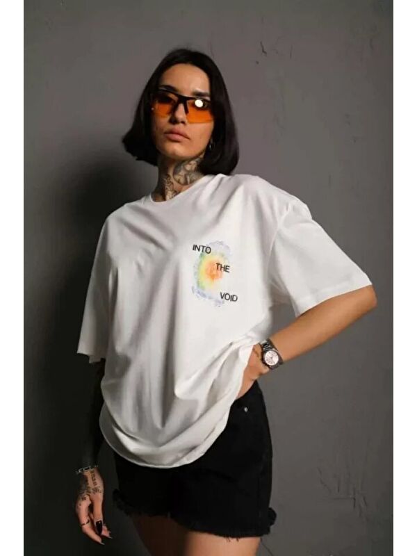 Jane's Unisex Bisiklet Yaka Baskılı Oversize T-Shirt - Beyaz