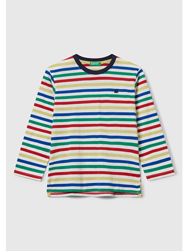 United Colors Of Benetton Erkek Çocuk Beyaz Mix Çizgi Desenli Uzun Kollu Bisiklet Yaka Regular Fit T-shirt