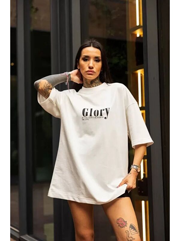 Jane's Unisex Bisiklet Yaka Baskılı Oversize T-Shirt - Beyaz