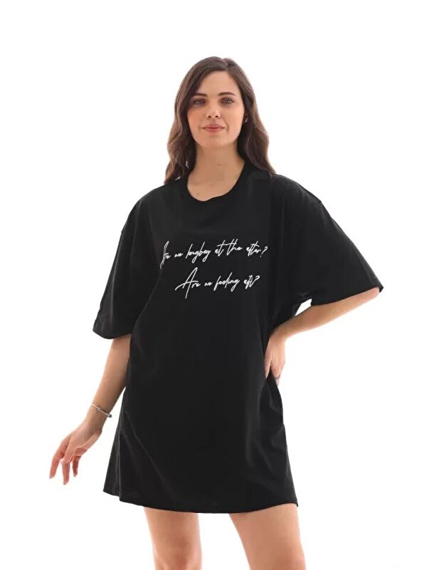 Jane's Unisex Bisiklet Yaka Baskılı Oversize T-Shirt - Siyah