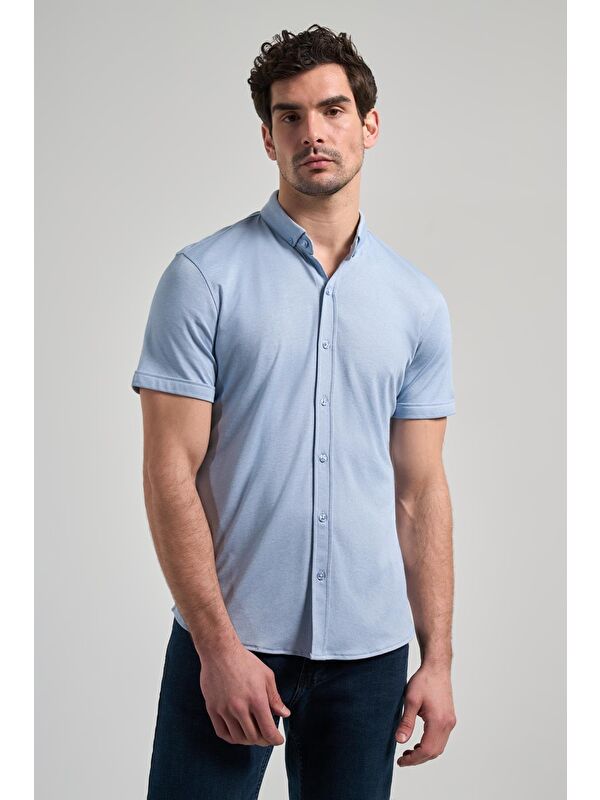 İMZA Koyu Mavi Kısa Kol Düz Örme Düğmeli Yaka Cepsiz Pamuklu Classic Slim Fit Gömlek 1004250152_300