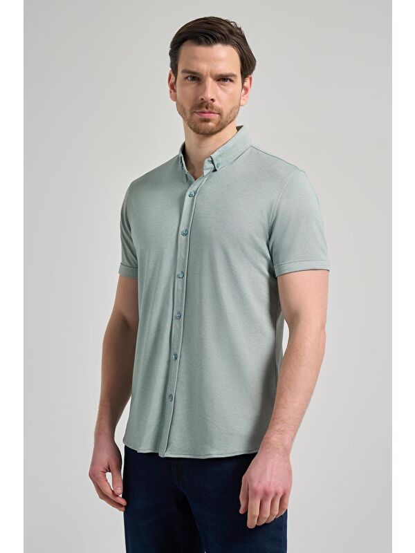 İMZA Koyu Yeşil Kısa Kol Düz Örme Düğmeli Yaka Cepsiz Pamuklu Classic Slim Fit Gömlek 1004250152_704