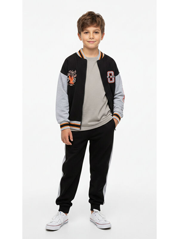 Toontoykids Erkek Çocuk 2'li Takım Baskılı Kolej Yaka Fermuarlı Sweatshirt & Beli Paçası Lastikli Jogger Eşofma