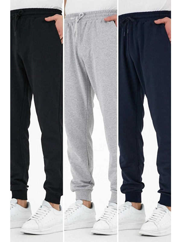 Mmetalic Siyah-Gri-Lacivert 3'lü  Erkek Jogger Eşofman Altı Etiketli Arka ve Yan Cepli Regular Fit