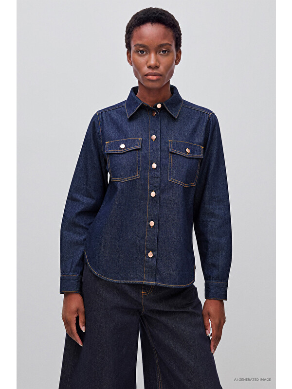 United Colors Of Benetton Kadın Koyu Mavi  %100 Pamuk Regular Fit Cepli Denim Gömlek
