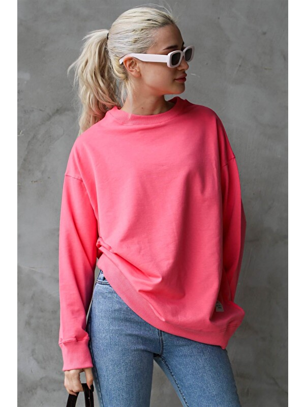 Madmext Pembe Basic Oversize Kadın Sweatshirt MG1686