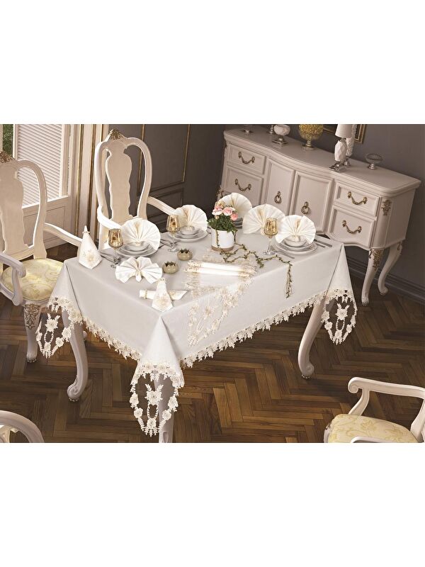 Çeyiz Diyarı Daisy Love Masa Örtüsü 160x260 Cm 26 Parça Krem