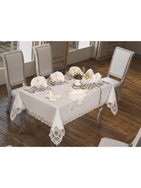Çeyiz Diyarı Sümbül Masa Örtüsü 160x260 Cm 26 Parça Krem