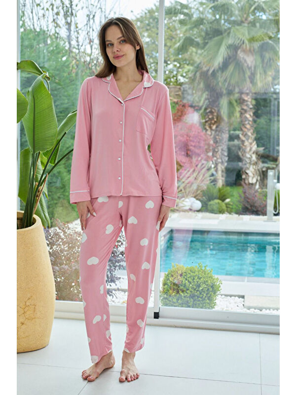 Remsa Kadın Kalp Desenli Önü Düğmeli Yumuşak Milan Kumaş Pijama Takımı 250376 Pembe02
