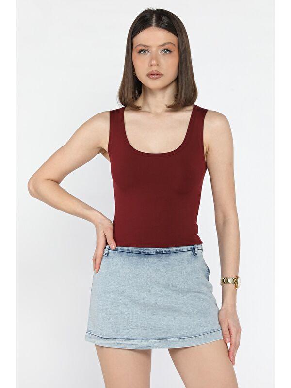 Gülseli Kadın Modal Kumaş Sıfır Kol Elastanlı Crop Top Bluz