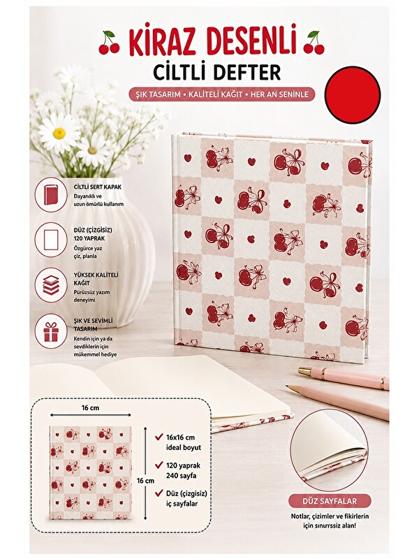 Artlantis Kiraz Figürlü Kare Not Defteri 16x16cm 1 Adet Lizz Sert Kapak 120 Yaprak Ciltli Çizgisiz Özel Anı Gü