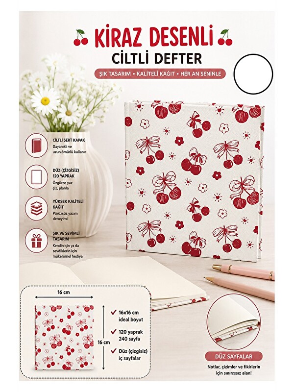 Artlantis Kiraz Figürlü Kare Not Defteri 16x16cm 1 Adet Lizz Sert Kapak 120 Yaprak Ciltli Çizgisiz Özel Anı Gü