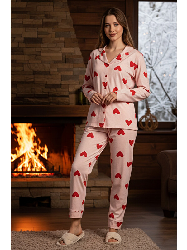 Remsa Kadın Kalp Desenli Suprem Pijama Takımı 0323 Pembe13