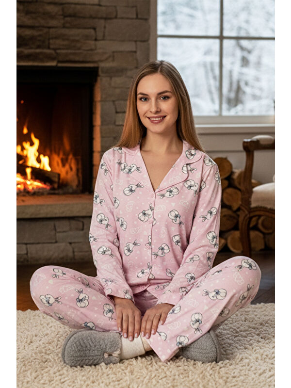 Remsa Kadın Tavşan Desen Önü Düğmeli Suprem Pijama Takımı 0544 Pembe11