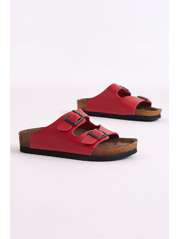 Çocuk Unisex Kırmızı Rahat Kalıp Poli Taban Çift Tokalı Nubuk Sandalet - Görsel 4