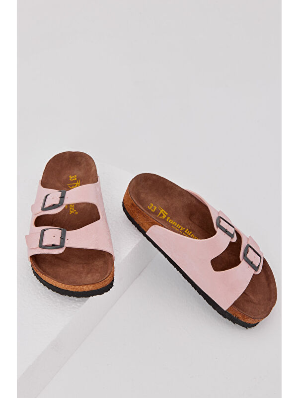 Çocuk Unisex Pudra Rahat Kalıp Poli Taban Çift Tokalı Nubuk Sandalet - Görsel 3