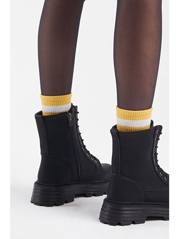 Kadın Siyah Cilt Poli Taban Rahat Kalıp Bağcıklı Bot - Görsel 6