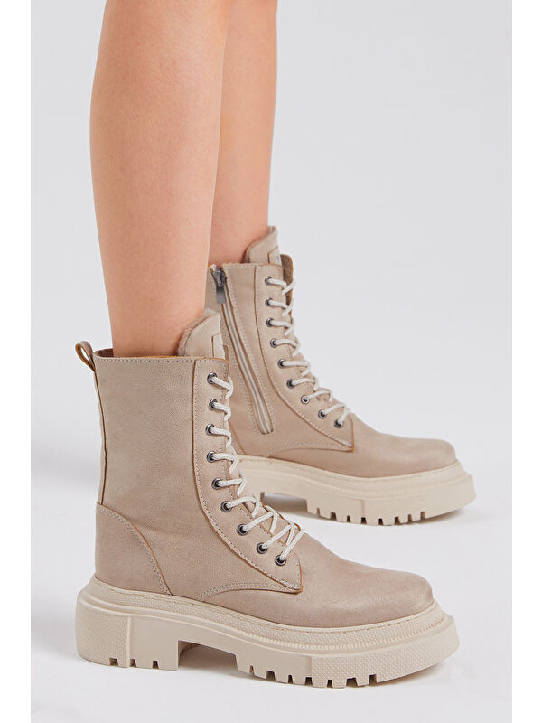 Kadın Krem Süet Rahat Kalıp Kalın Taban Bağcıklı ve Fermuarlı Bot - Görsel 3