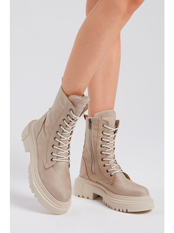 Kadın Krem Süet Rahat Kalıp Kalın Taban Bağcıklı ve Fermuarlı Bot - Görsel 4