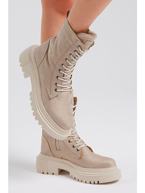 Kadın Krem Süet Rahat Kalıp Kalın Taban Bağcıklı ve Fermuarlı Bot - Görsel 5