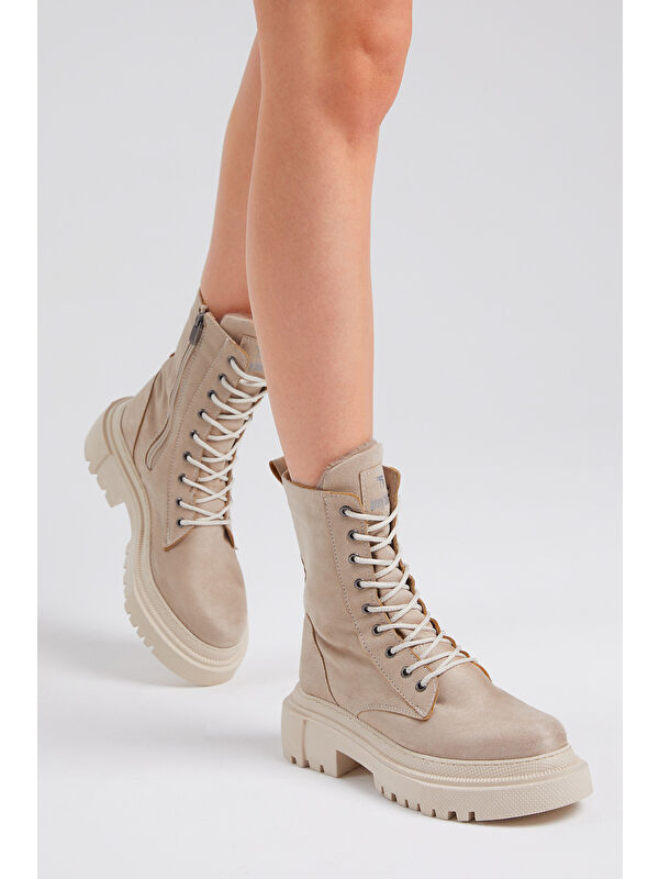 Kadın Krem Süet Rahat Kalıp Kalın Taban Bağcıklı ve Fermuarlı Bot - Görsel 6