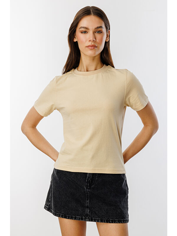 Genius Store Kadın T-shirt Kısa Kollu Organik Pamuklu Bisiklet Yaka Crop T-shirt KADIN-T-SHIRT