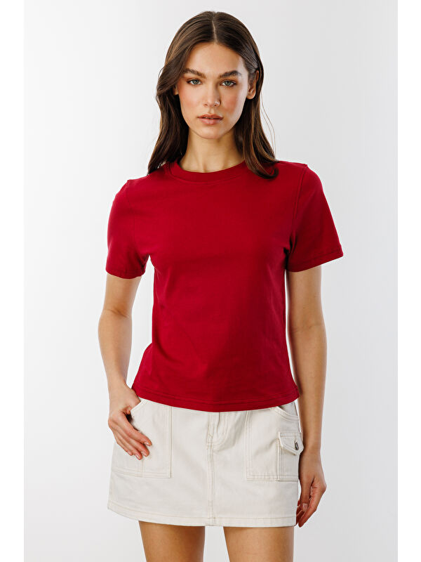 Genius Store Kadın T-shirt Kısa Kollu Organik Pamuklu Bisiklet Yaka Crop T-shirt KADIN-T-SHIRT